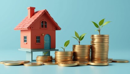 A model house stands beside stacked coins with growing plants, symbolizing real estate investment and financial growth.