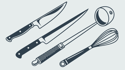 Fototapeta premium Black and White Vector Illustration of Kitchen Utensils Chef Knife Carving Knife Sharpening Steel and Whisk