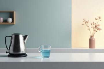 Stylish Stainless Steel Kettle and Glass of Blue Liquid on Modern Kitchen Counter