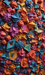 Intricate colorful paper shapes, geometrically arranged  , bright, colorful background