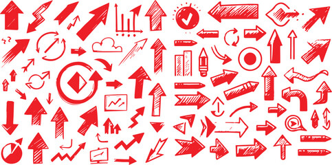 Red crayon arrow collection with diverse directional markers on white background. Hand drawn pointers for infographics, presentations or education design. Brush stroke indicators with grunge texture.