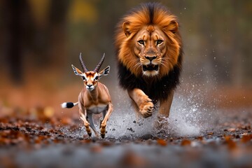 A lion and a gazelle running through the water in the wild