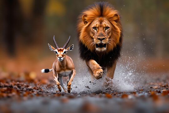 A lion and a gazelle running through the water in the wild