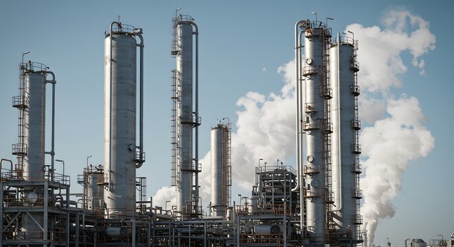 closeup of a crude oil distillation tower with steam rising on the right side, showcasing the distillation process, ample copy space on the left. ,hyper realistic digital art