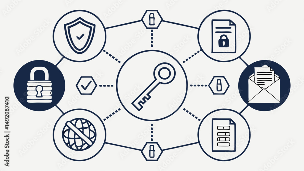 Poster digital security network illustration with encryption key data protection and privacy icons flat des