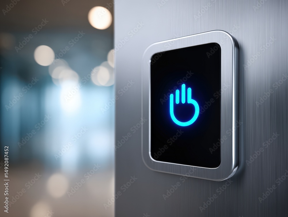 Poster modern blue illuminated touch button on a sleek metallic panel in a corporate environment showcasing