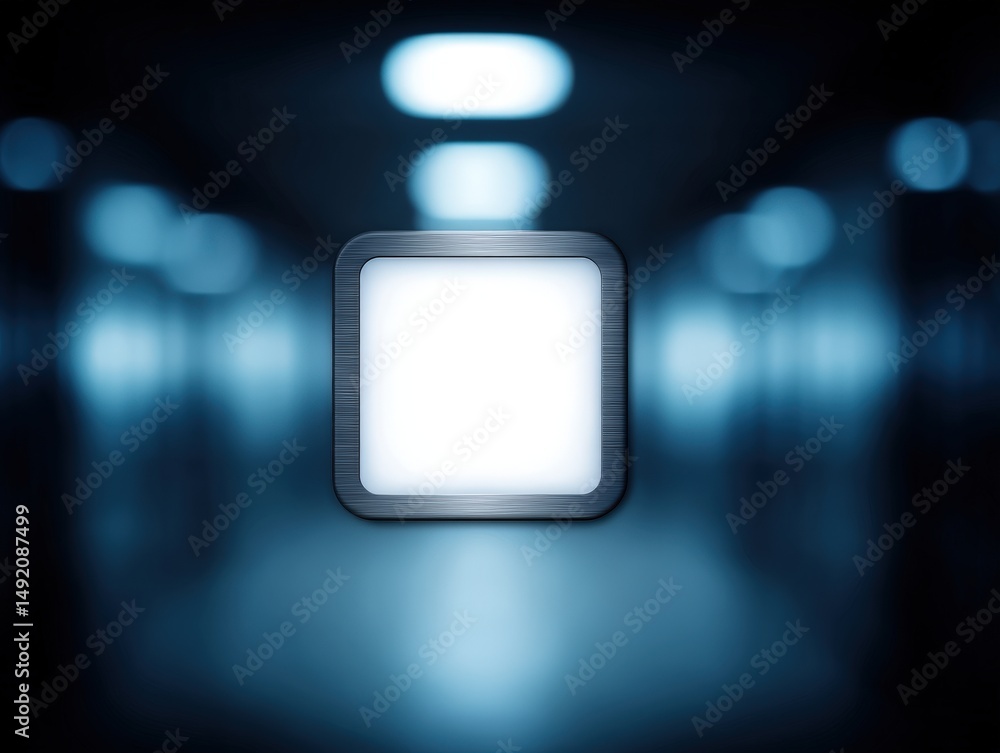 Poster futuristic illuminated square panel glowing against a blurred blue background showcasing advanced di