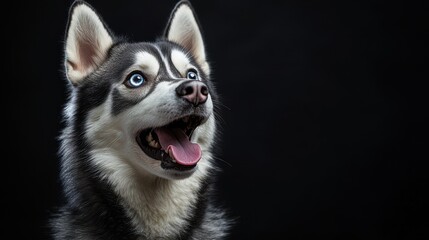 Siberian husky with blue eyes looking up against dark background
