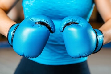 A woman wearing blue boxing gloves in a gym