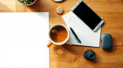 Naklejka premium Cozy Morning Workspace with Coffee, Notebook, and Smartphone, Work From Home - AI Generated