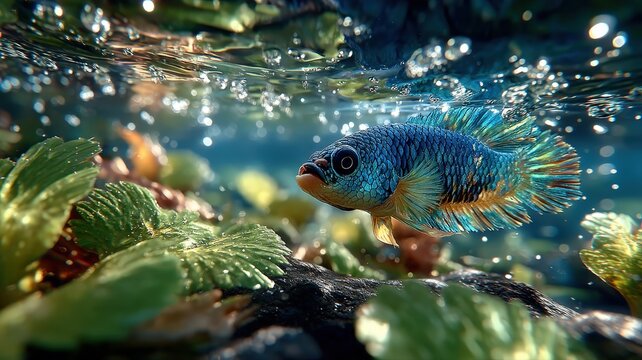Colorful Betta Fish Swimming Gracefully Near Java Fern with Bubbles in Underwater Ecosystem