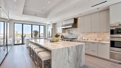 High-end kitchen with marble countertops, sleek cabinetry, and modern appliances for convenience.