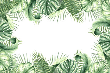 Watercolor frame of tropical palm leaves illustration isolated. Postcard template from exotic plants. Hand drawn lush greenery foliage monstera in realistic style. Botanical border with copy space.