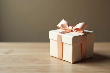 A delicately tied pale ribbon adorns a pristine white gift box, resting on a smooth wooden surface.