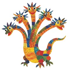 Naklejka premium Colorful Five Headed Dragon Illustration Made of Fabric Patchwork