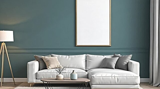 an elegantly appointed living area showcases a sophisticated eucalyptus colored wall against which a sleek, modular sofa sits