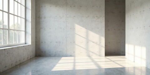Obraz premium Sunlit Industrial Interior Room with Large Window and Concrete Walls