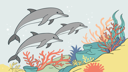 Naklejka premium Simple Cartoon Illustration of Three Dolphins Swimming Underwater by Colorful Coral Reef and Rocks