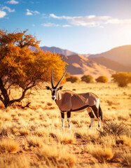 Fototapeta premium Solitary oryx with their striking markings stand on the arid plains, representing the iconic wildlife of Namibia.