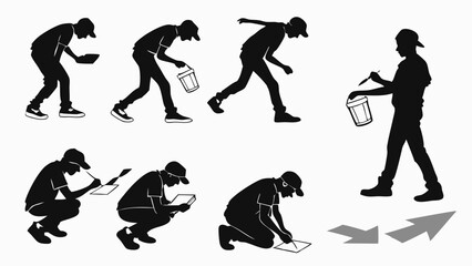 Black and White Graphic Silhouettes Artist Painting Drawing Writing Actions Poses Sequence Creative Process
