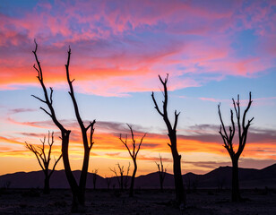 Stark silhouettes of dead trees stand against the dramatic twilight sky, evoking the harsh beauty of the desert.