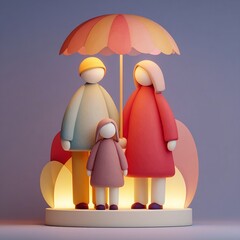 A colorful family figurine under an umbrella, showcasing warmth and togetherness in a playful setting