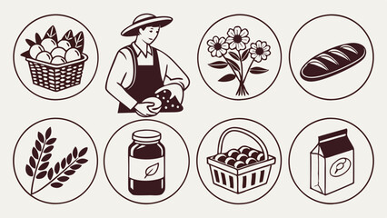 Illustration of Farming and Food Icons Farmer Produce Agriculture and Fresh Goods Line Art