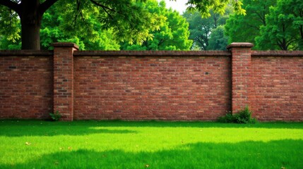 Serene Landscape Featuring a Sturdy Brick Wall and Lush Green Lawn Under the Shade of Trees