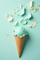 A refreshing scoop of mint ice cream melting in a crispy waffle cone, surrounded by delicate pastel-colored candy pieces on a serene aqua background.