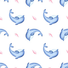 Blue dolphins and fish watercolor seamless pattern for baby designs. Cute sea animal characters illustration for children backgrounds. Hand drawn underwater inhabitants. Marine mammals in kids style.