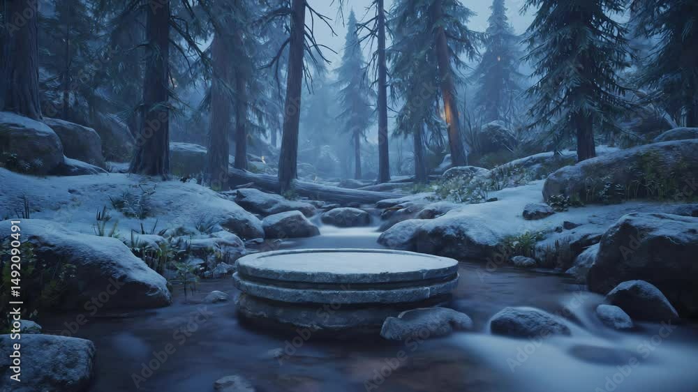Poster empty stone stage podium in water flowing stream winter landscape in the forest mountains background
