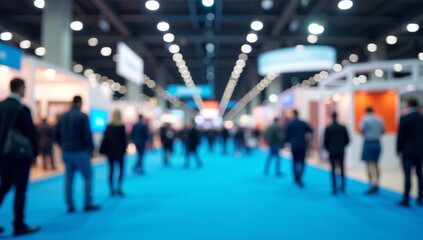 Blur, defocused background of public exhibition hall. Business tradeshow, job fair, or stock market. Organization or company event, commercial trading, or shopping mall marketing advertisement concept