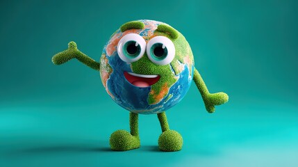 A cheerful, cartoon Earth with big eyes and a smile, featuring fuzzy green limbs, waves against a turquoise background.