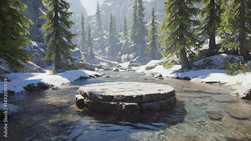 Poster empty stone stage podium in water flowing stream winter landscape in the forest mountains background