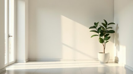 Fototapeta premium Sunlit Minimalist Room Interior Design with a Potted Plant in a Corner