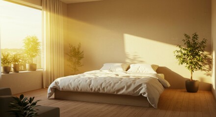 Sunlit bedroom with large bed, plants, and hardwood floors. Warm, minimalist design