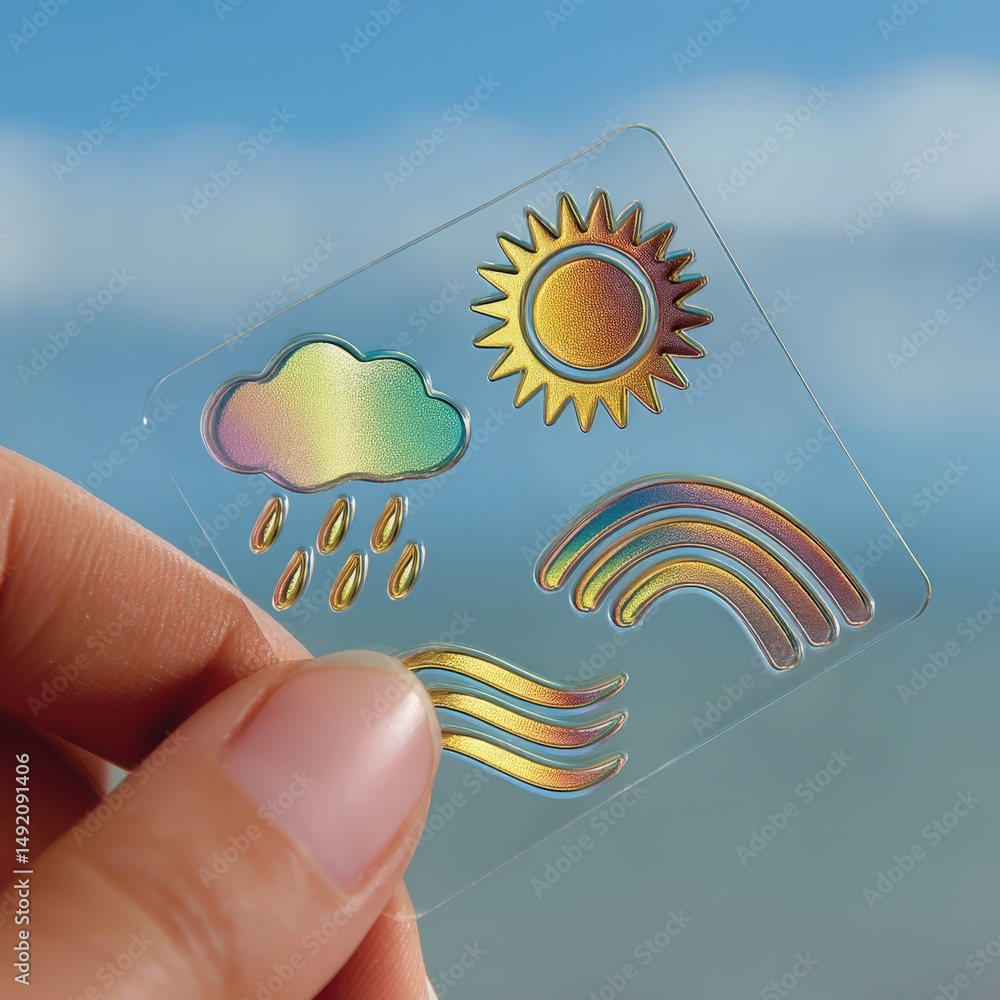 Poster a hand holding a transparent sheet displaying colorful weather icons including sun clouds raindrops 