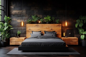 contemporary urban bedroom interior with industrial accents