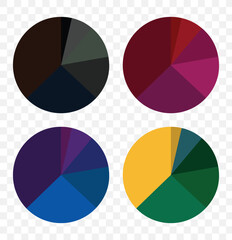 Fototapeta premium Circle division infographic icon. Pie chart divided six, seven and eight equal parts. 6, 7, 8 sectors icon. Color infographic flower round diagram. Vector illustration isolated on white background. 