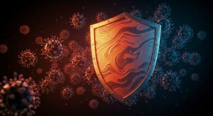 Fototapeta premium A protective shield stands against a swarm of microscopic viruses, symbolizing defense against infection