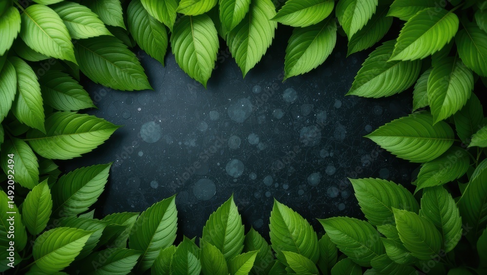 Poster frame of fresh green leaves surrounding a dark background with subtle bokeh effect