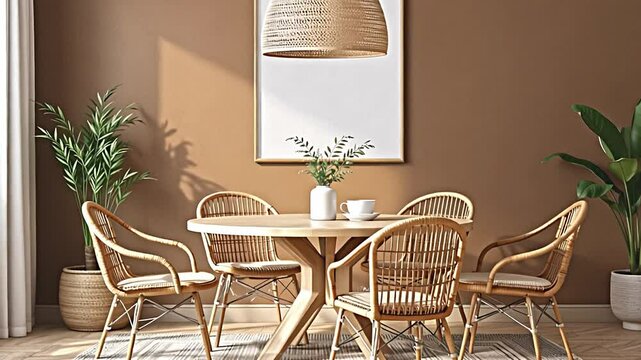 this dining area presents a stylish interpretation of boho chic decor. the round table and rattan chairs create a welcoming and informal setting for meals and conversation