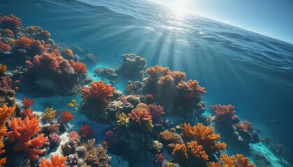 Fototapeta premium Sun-dappled ocean surface, vibrant coral reef below , seabed, texture, tranquil