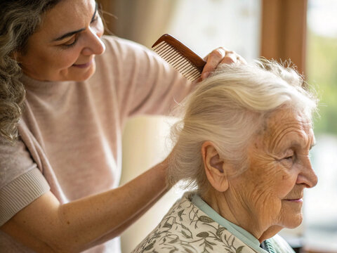 Caregiver combing the hair of an elderly woman at home with kindness