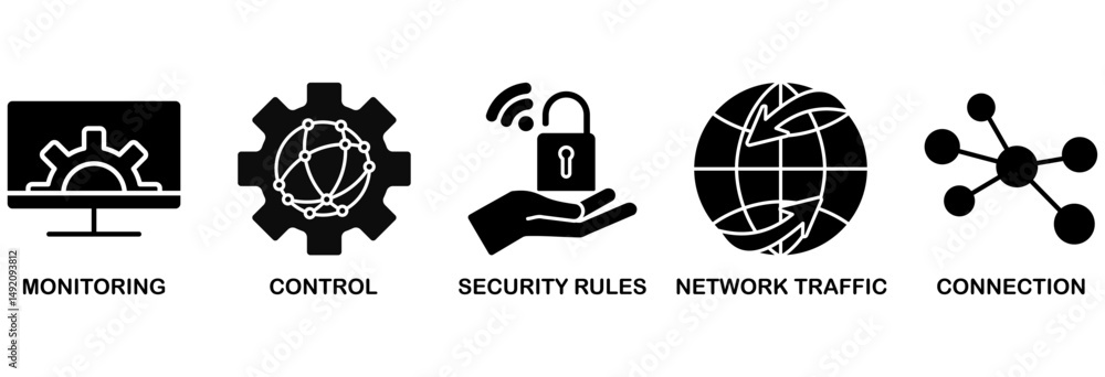 Poster firewall icon set vector illustration concept for network security system with icon of monitoring, c