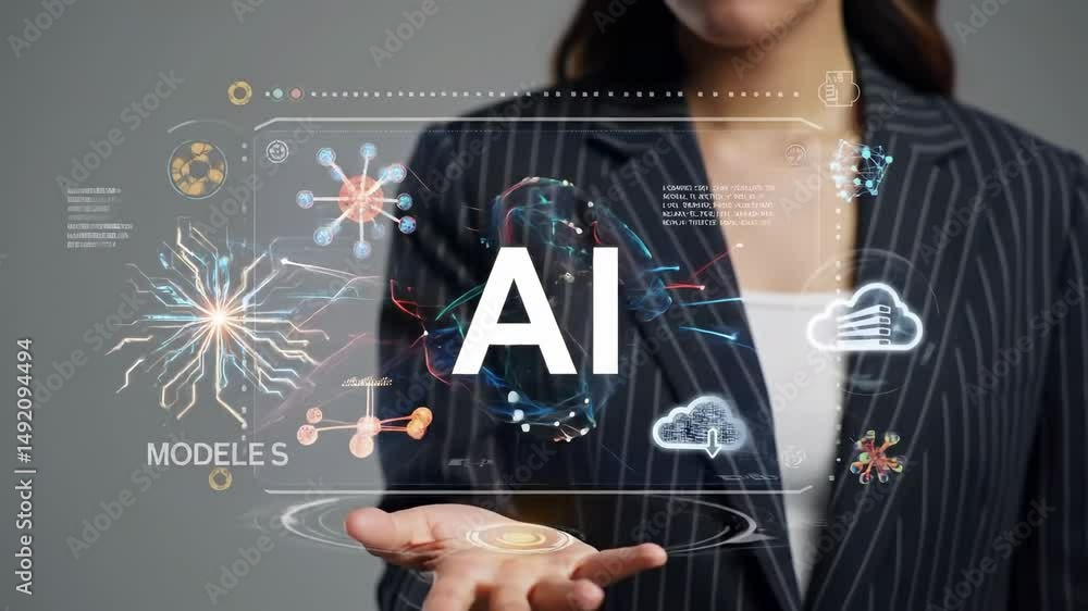 Poster a young asian female business professional demonstrating artificial intelligence concepts in a moder