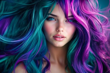 Fototapeta premium A woman with long, colorful hair is posing for a picture