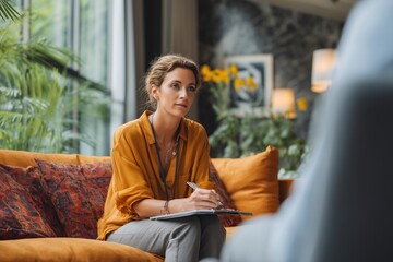 A focused woman in a cozy setting, engaged in thoughtful conversation while taking notes, highlighting interpersonal connection.