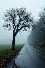 Solitary Tree on a Misty Road, Leading to a Line of Trees in the Distance