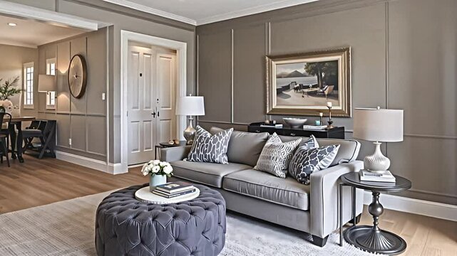 a gracefully appointed living room featuring a comfortable grey sofa and a versatile pouf, ideal for both seating and relaxation